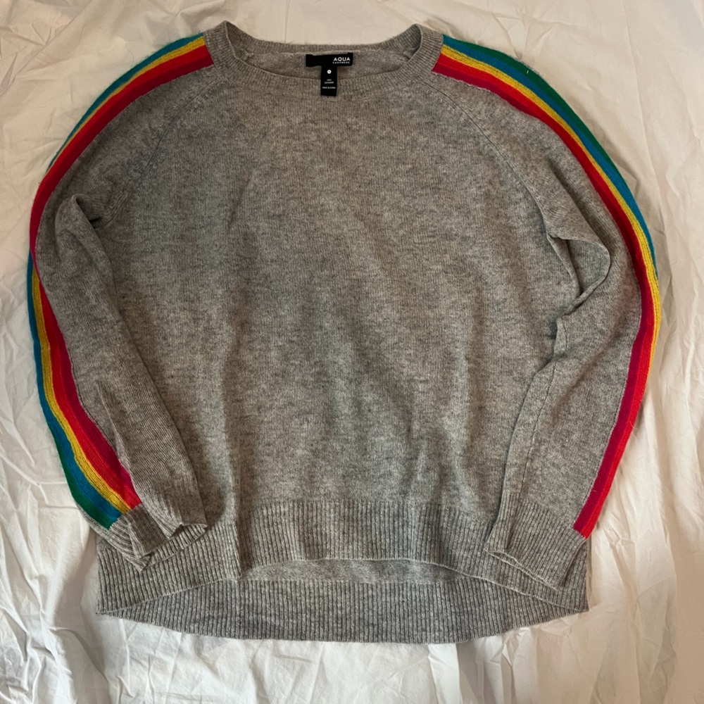 Aqua Cashmere Gray Sweater with Rainbow Stripes